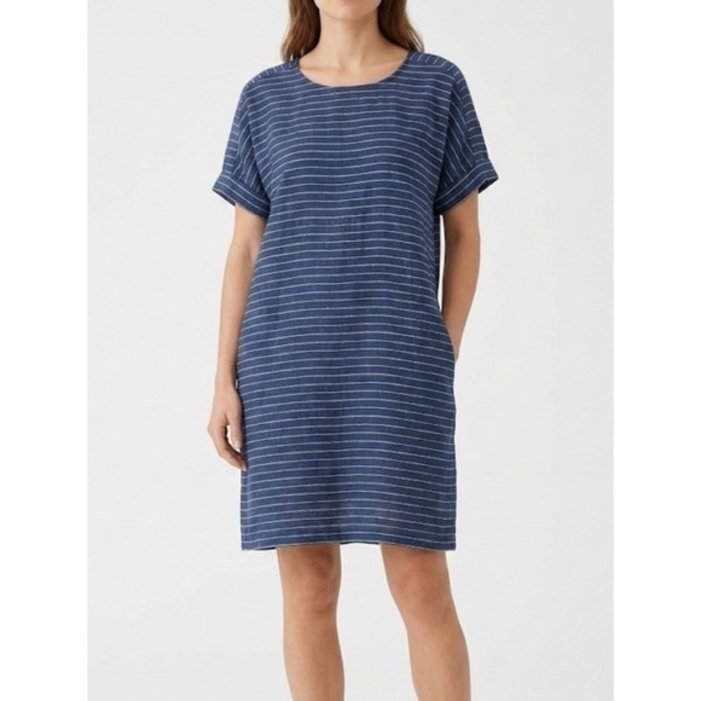 EILEEN FISHER Medium Organic Linen Blue Striped Oversized Shift Dress Lagenlook